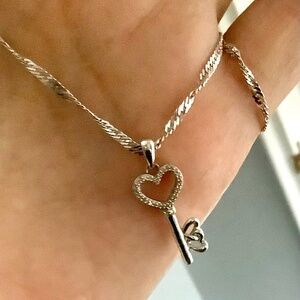 10k White Gold Herringbone Chain Anklet with 925 Sterling Silver Heart Key Charm